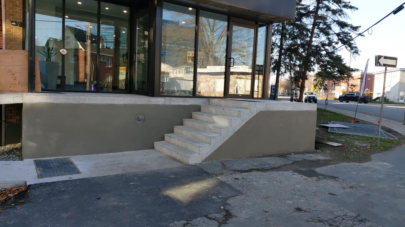 New stairs made of bricks and cement outside an office